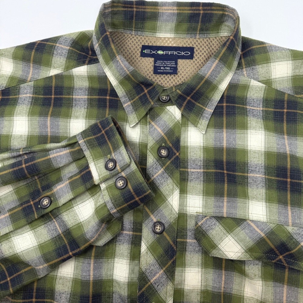 ExOfficio Mens XL Green Plaid Long Sleeve‎ Hiking Shirt Mesh Lined Button Down